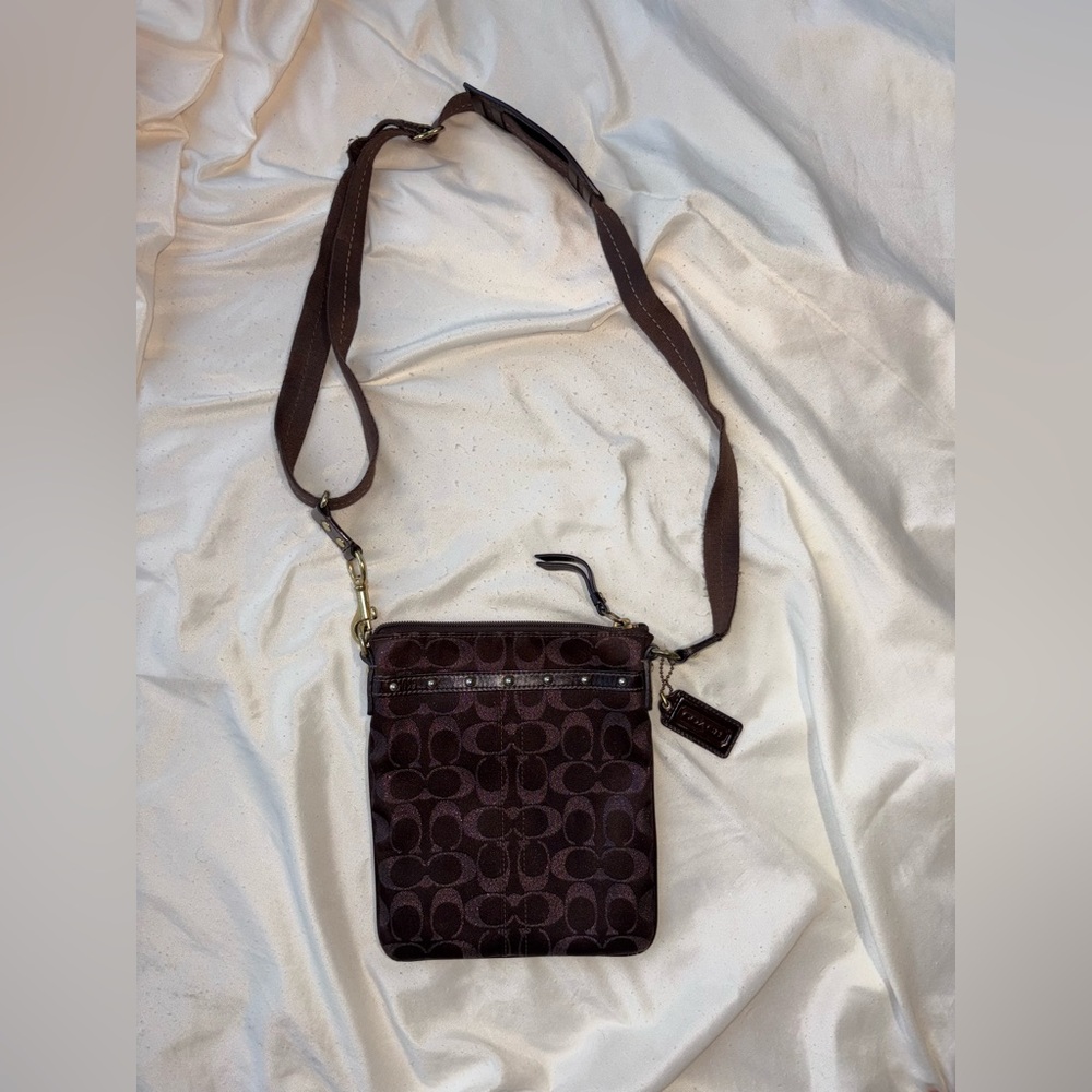 Coach Signature Jacquard Chocolate Brown Studded Crossbody Purse